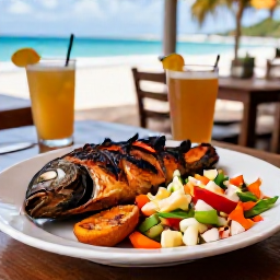Caribbean Holidays, June Holidays, Traditional Vincentian food served at a relaxed seaside restaurant in June, including grilled fish, roasted breadfruit and colourful salad