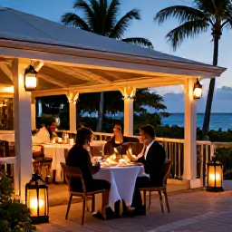 Caribbean Holidays, June Honeymoons, A candlelit dinner for two at an elegant open-air restaurant in Saint Barth&eacute;lemy, warm lanterns and a tropical evening atmosphere