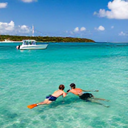 Caribbean Holidays, June Honeymoons, A couple snorkelling in clear turquoise water beside a small boat off the coast of Saint Barth&eacute;lemy, bright Caribbean sunshine
