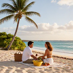 Caribbean Holidays, June Honeymoons, A happy newlywed couple enjoying a quiet beach picnic in Aruba during June, with tropical scenery, warm sunlight and the Caribbean Sea