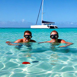 Caribbean Holidays, June Honeymoons, A honeymoon couple snorkelling together in clear Caribbean water near Aruba, with colourful fish and a catamaran in the background