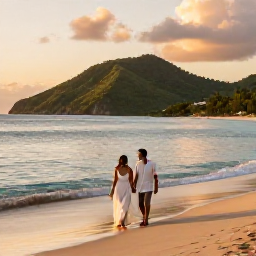 Caribbean Holidays, June Honeymoons, A newly married couple walking along a quiet golden beach in Saint Kitts at sunset, calm Caribbean Sea and green hills in the background