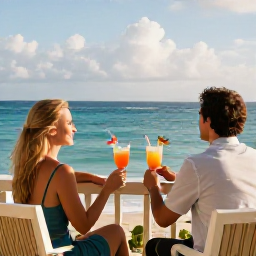 Caribbean Holidays, June Honeymoons, A newlywed couple relaxing on a Jamaican balcony with tropical drinks, looking towards the sea on a sunny June morning