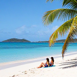 Caribbean Holidays, June Honeymoons, A newlywed couple relaxing on a quiet white-sand beach in the British Virgin Islands in June, turquoise water, gentle sunshine, palm trees