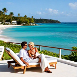 Caribbean Holidays, June Honeymoons, A newlywed couple relaxing on a sunlit terrace overlooking Saint Barth&eacute;lemy&rsquo;s turquoise coastline, tropical landscape and calm sea