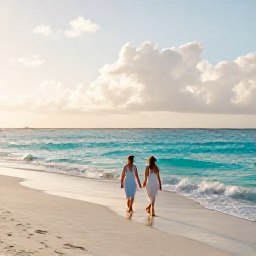 Caribbean Holidays, June Honeymoons, A newlywed couple walking along a quiet Caribbean beach at sunrise in June, turquoise sea, soft golden light