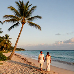 Caribbean Holidays, June Honeymoons, A newlywed couple walking along a quiet Jamaican beach at sunset in June, palm trees and calm turquoise sea