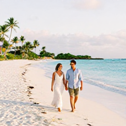 Caribbean Holidays, June Honeymoons, A newlywed couple walking along a quiet white-sand beach in Saint Barth&eacute;lemy at golden hour, turquoise water and palm trees