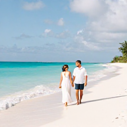 Caribbean Holidays, June Honeymoons, A newlywed couple walking barefoot beside clear turquoise water on a quiet white-sand beach in Turks and Caicos, soft June sunshine