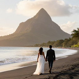 Caribbean Holidays, June Honeymoons, A newlywed couple walking hand in hand along a quiet black-sand beach in Montserrat at golden hour, Caribbean island scenery