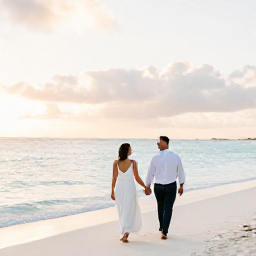 Caribbean Holidays, June Honeymoons, A newlywed couple walking hand in hand along a quiet white-sand beach in Aruba at sunset, with calm turquoise water and gentle trade winds