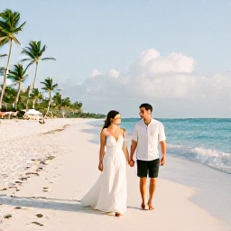 Caribbean Holidays, June Honeymoons, A newlywed couple walking hand in hand along a quiet white-sand beach in Punta Cana, Dominican Republic, in warm June sunshine