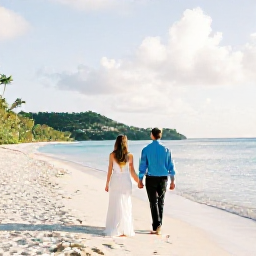 Caribbean Holidays, June Honeymoons, A newlywed couple walking hand in hand along a quiet white-sand beach in St Thomas, United States Virgin Islands, in warm June sunshine