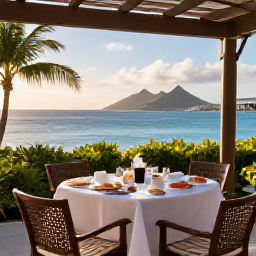 Caribbean Holidays, June Honeymoons, A romantic breakfast table on a shaded terrace overlooking the Caribbean Sea in Saint Barth&eacute;lemy, tropical greenery and morning light