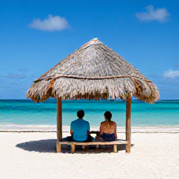 Caribbean Holidays, June Honeymoons, A romantic couple relaxing beneath a palapa on Eagle Beach in Aruba, with white sand, turquoise water and a bright blue sky