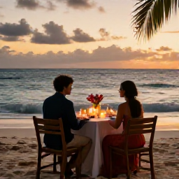 Caribbean Holidays, June Honeymoons, A romantic Jamaican beachfront dinner for two with candles, tropical flowers and gentle waves under a warm evening sky