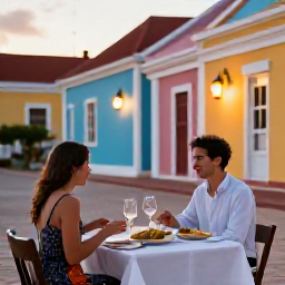 Caribbean Holidays, June Honeymoons, A romantic outdoor dinner for two in Oranjestad, Aruba, with colourful colonial buildings, lanterns and local Caribbean dishes