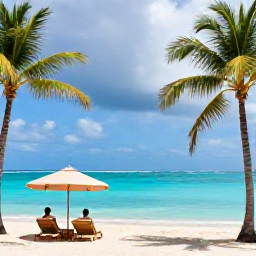 Caribbean Holidays, June Honeymoons, Bright Caribbean island beach in June after a brief tropical shower, palm trees, sunlit turquoise water and a couple under a parasol