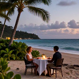 Caribbean Holidays, June Honeymoons, Candlelit table for two on a Saint Lucia beach at dusk, with tropical greenery, gentle waves and a relaxed romantic atmosphere