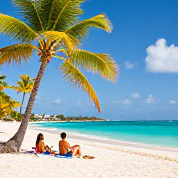 Caribbean Holidays, June Honeymoons, Clear turquoise sea, white sand and a couple relaxing beneath palm trees on a Saint Martin beach