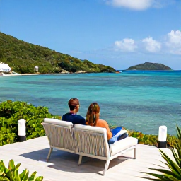 Caribbean Holidays, June Honeymoons, Comfortable luxury honeymoon resort in the British Virgin Islands, couple on a private terrace overlooking a calm turquoise bay