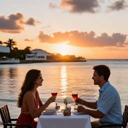 Caribbean Holidays, June Honeymoons, Couple enjoying a sunset dinner at a waterfront restaurant in Grand Case, Saint Martin