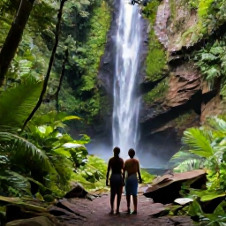 Caribbean Holidays, June Honeymoons, Couple exploring a lush rainforest trail and waterfall on Saint Vincent, tropical Caribbean scenery