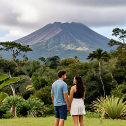 Caribbean Holidays, June Honeymoons, Couple exploring lush Montserrat countryside near Soufriere Hills volcano, with tropical forest and mountain views