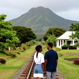 Caribbean Holidays, June Honeymoons, Couple exploring the restored railway and historic sugar estate landscape in Saint Kitts, lush green countryside and Mount Liamuiga behind them