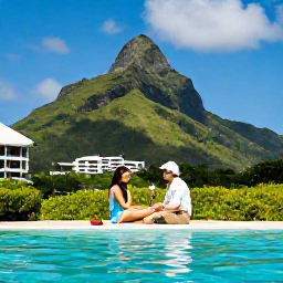 Caribbean Holidays, June Honeymoons, Couple relaxing beside a tropical hotel pool in Montserrat, with lush hills and blue Caribbean sky in the background