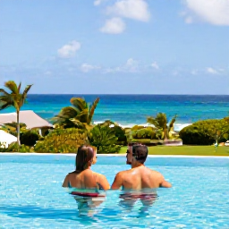 Caribbean Holidays, June Honeymoons, Couple relaxing beside an infinity pool overlooking the Caribbean Sea on Saint Kitts, tropical gardens and bright June sunshine