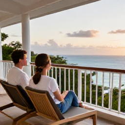 Caribbean Holidays, June Honeymoons, Couple relaxing on a private hotel balcony overlooking the Caribbean Sea in Tobago, tropical greenery and soft morning light