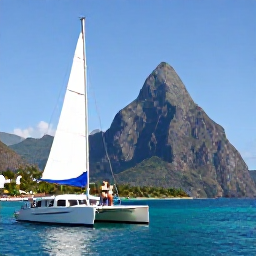 Caribbean Holidays, June Honeymoons, Couple sailing on a catamaran beside the Pitons in Saint Lucia on a sunny June day, with turquoise sea and volcanic mountains