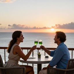 Caribbean Holidays, June Honeymoons, Couple sharing a quiet toast on a Caribbean resort balcony overlooking the sea at sunset in June