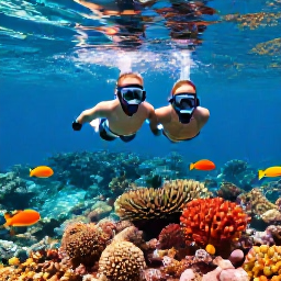 Caribbean Holidays, June Honeymoons, Couple snorkelling above a colourful coral reef near Providenciales, Turks and Caicos, with tropical fish in clear blue water