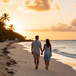 Caribbean Holidays, June Honeymoons, Couple walking hand in hand along a quiet Antigua beach at sunset, warm Caribbean light, relaxed honeymoon atmosphere