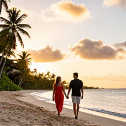 Caribbean Holidays, June Honeymoons, Couple walking hand in hand along a quiet tropical beach in Tobago at sunset, warm Caribbean light, relaxed honeymoon atmosphere