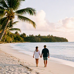 Caribbean Holidays, June Honeymoons, Couple walking hand in hand along a quiet white-sand beach in Saint Vincent and the Grenadines at golden hour