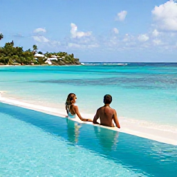 Caribbean Holidays, June Honeymoons, Elegant beachfront resort in Antigua with a newlywed couple relaxing beside an infinity pool overlooking turquoise sea