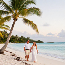 Caribbean Holidays, June Honeymoons, Happy newlywed couple walking along a peaceful British Virgin Islands beach in June, warm evening light, palm trees and turquoise water