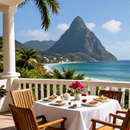 Caribbean Holidays, June Honeymoons, Luxury honeymoon suite overlooking the Pitons and Caribbean Sea in Saint Lucia, decorated with flowers and breakfast on a private terrace