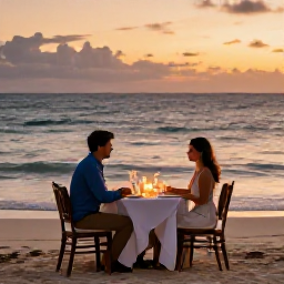 Caribbean Holidays, June Honeymoons, Newlywed couple enjoying a candlelit dinner on a Caribbean beach at sunset, elegant table, gentle waves and warm evening light