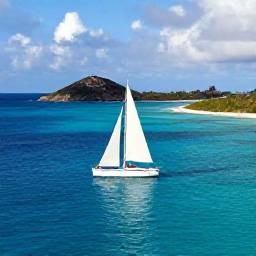 Caribbean Holidays, June Honeymoons, Newlywed couple sailing on clear blue Caribbean water near Antigua, small islands and dramatic coastline in the background