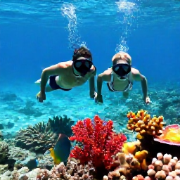 Caribbean Holidays, June Honeymoons, Newlywed couple snorkelling in clear shallow Caribbean water beside colourful coral and tropical fish