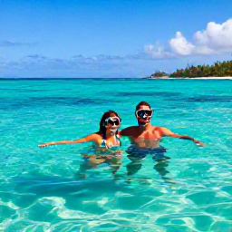 Caribbean Holidays, June Honeymoons, Newlywed couple snorkelling in clear turquoise water near Montserrat, with colourful fish and a sunny Caribbean coastline