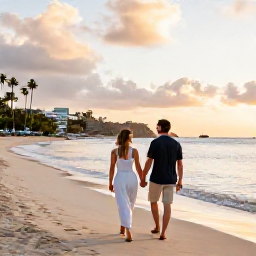 Caribbean Holidays, June Honeymoons, Newlyweds walking hand in hand along a quiet Caribbean beach in Saint Martin at golden hour