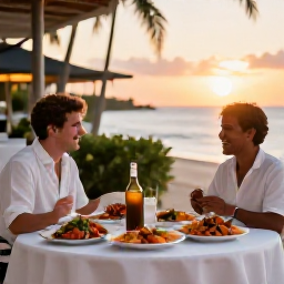 Caribbean Holidays, June Honeymoons, Outdoor table for two at a relaxed beachfront restaurant in Turks and Caicos, with fresh seafood and warm evening light