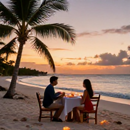 Caribbean Holidays, June Honeymoons, Romantic beach dinner for two at sunset on a Dominican Republic beach, with candles, palm trees and calm sea