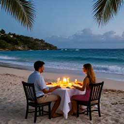 Caribbean Holidays, June Honeymoons, Romantic beachfront dinner for two in Antigua, candlelit table, tropical evening and gentle waves