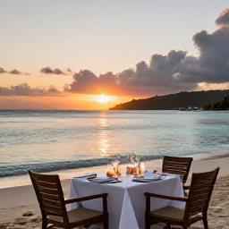 Caribbean Holidays, June Honeymoons, Romantic beachfront dinner for two in the British Virgin Islands at sunset, candlelight, tropical sea view and elegant table